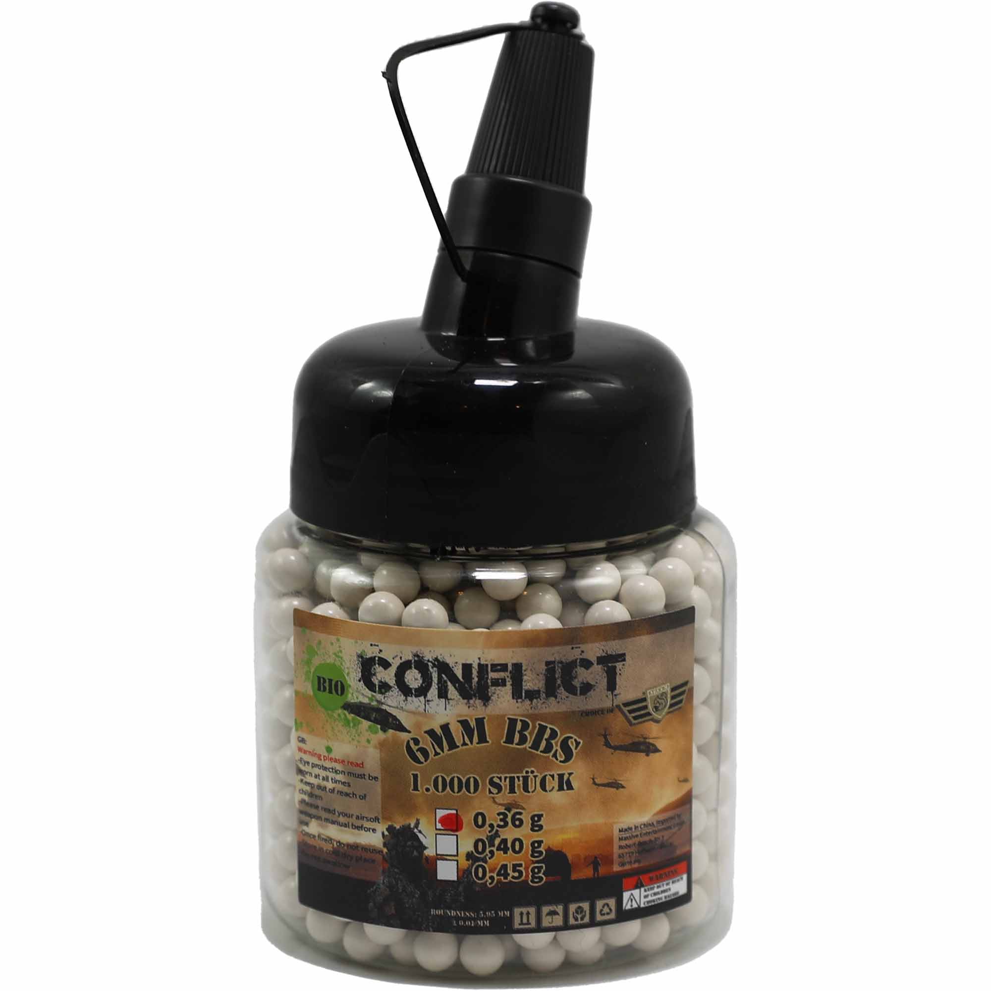 CONFLICT BIO BBs 6mm 0,36g 1.000 Stück Flasche CONFLICT BIO BBs 6mm 0,36g 1.000 Stück Flasche