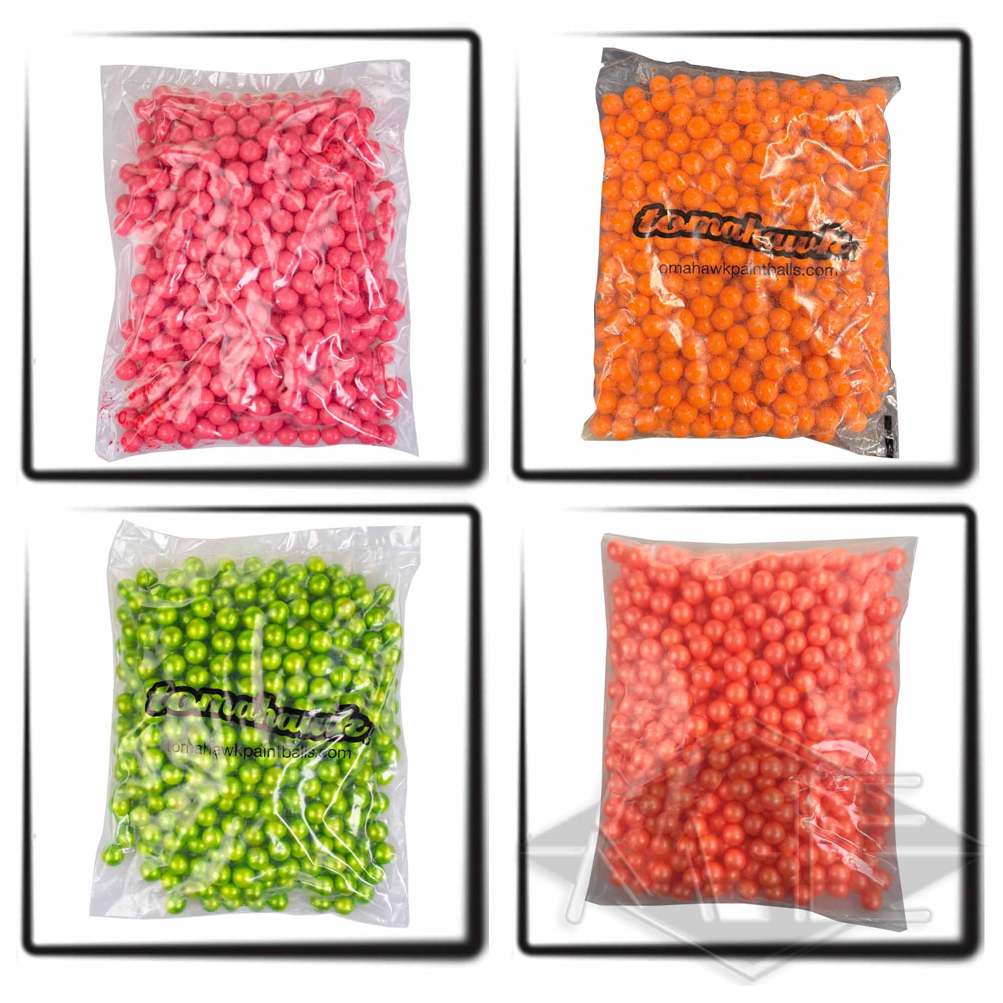 Tomahawk "TURNIER Muster Box" cal. 68 Paintballs, 2000er Kiste buntePerlen, Kunststoffperlen, rosaPerlen, orangePerlen, grünePerlen