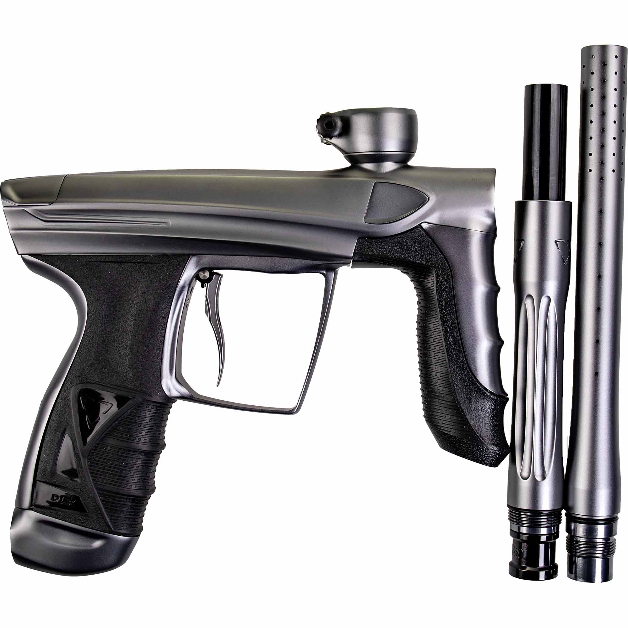 DLX Luxe® AIRE Markierer, grau matt Paintball-Pistole, Gasbetrieben, Schwarzer Griff, Barrel-Adapter, Luftdruck-Zubehör