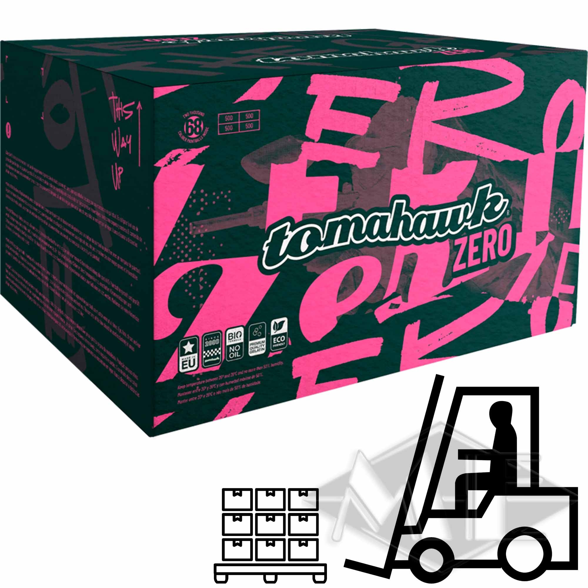 Tomahawk "Zero" Paintballs, 65 Kisten 1/2 Palette Tonkahawk, Zero, Box, Verpackung, Karton