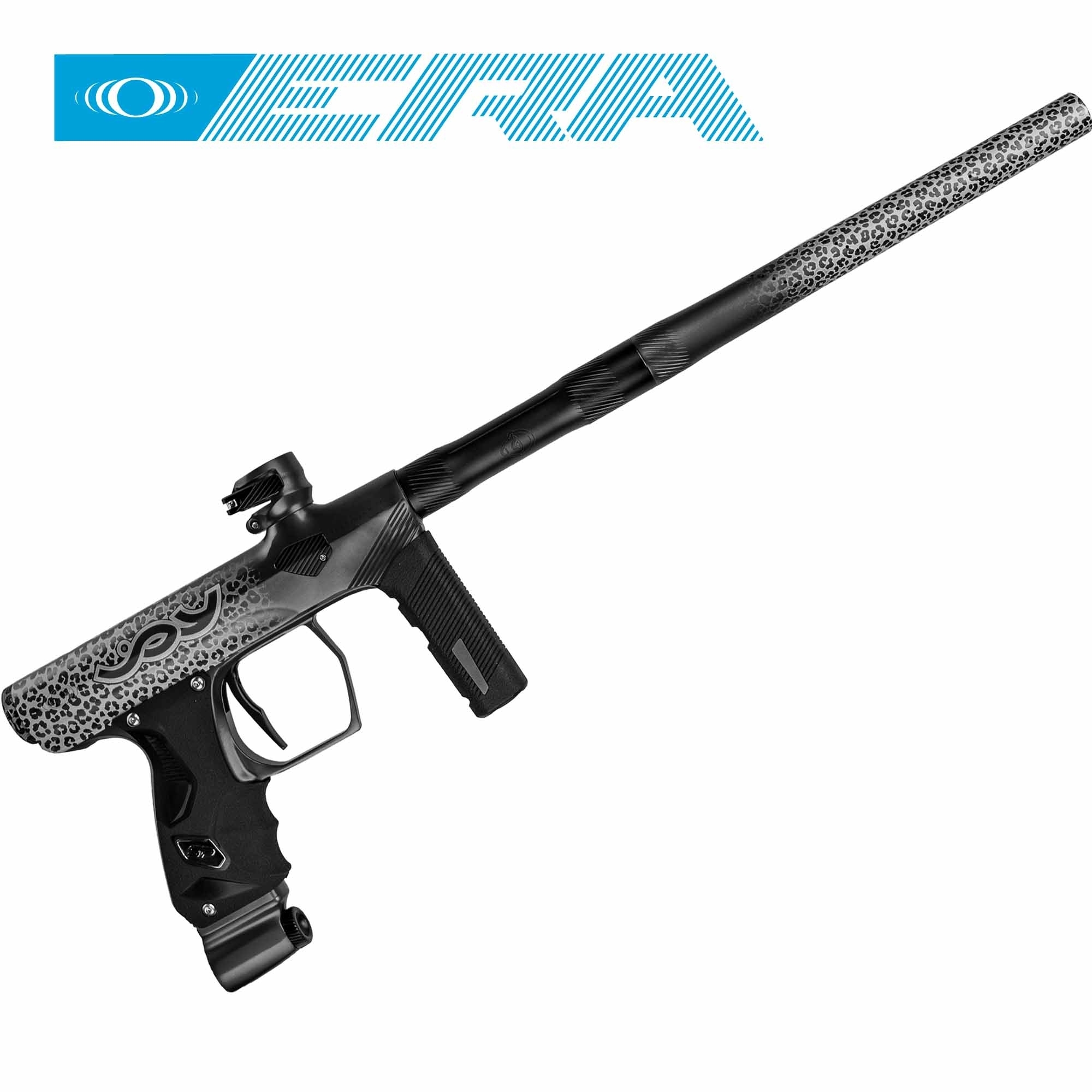SP Shocker® ERA Markierer "Joy Division" Advanced Lasering + Lauf, schwarz Paintballmarker, Lange Lauf, Leopardendruck, schwarzer Griff, Sicherheitsauslöser