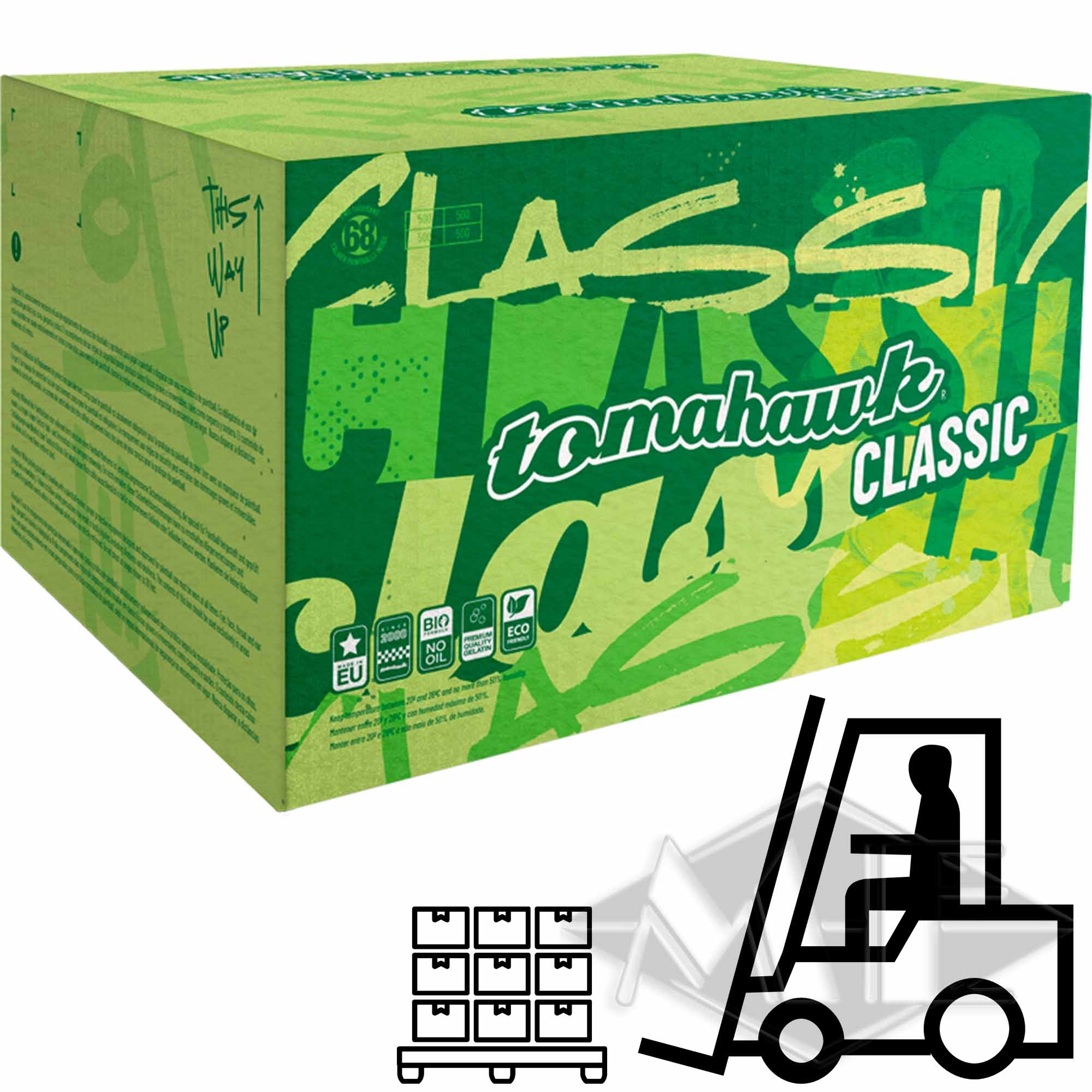 Tomahawk "Classic" Paintballs, 65 Kisten 1/2 Palette Grüne Verpackung, Tomahawk, Classic, Hawaiianisches Getränk, Verpackungskarton