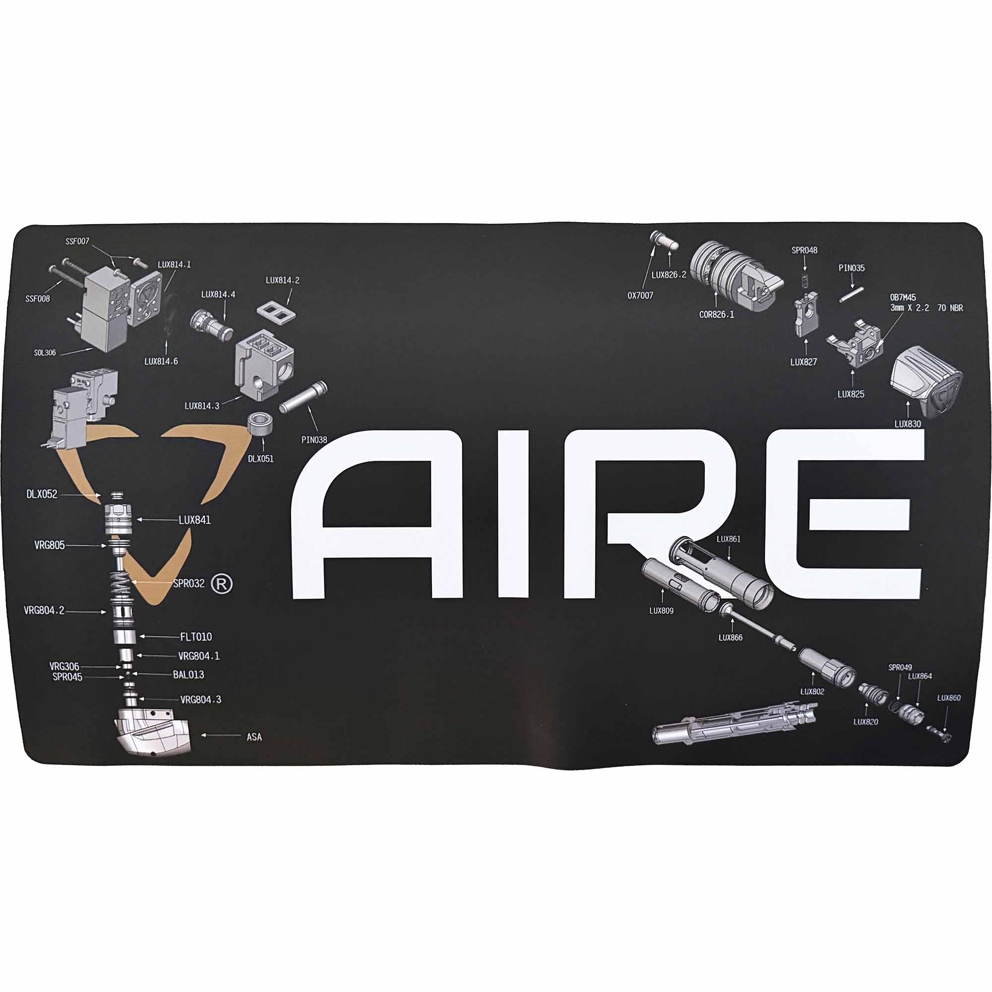 DLX Luxe AIRE Techmatte matte schwarz mat, arbeitsmatte, schrauberset, mechanische bauteile, montage diagramm, matte schwarz mat, arbeitsmatte, schrauberset, mechanische bauteile, montage diagramm