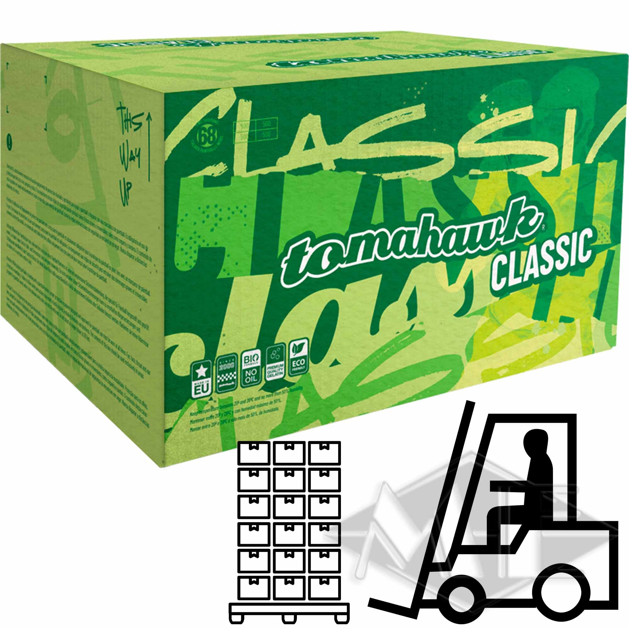 Tomahawk "Classic" Paintballs, 130 Kisten 1/1 Palette box, grüne verpackung, tohmahawk, klassisch, versand forklift