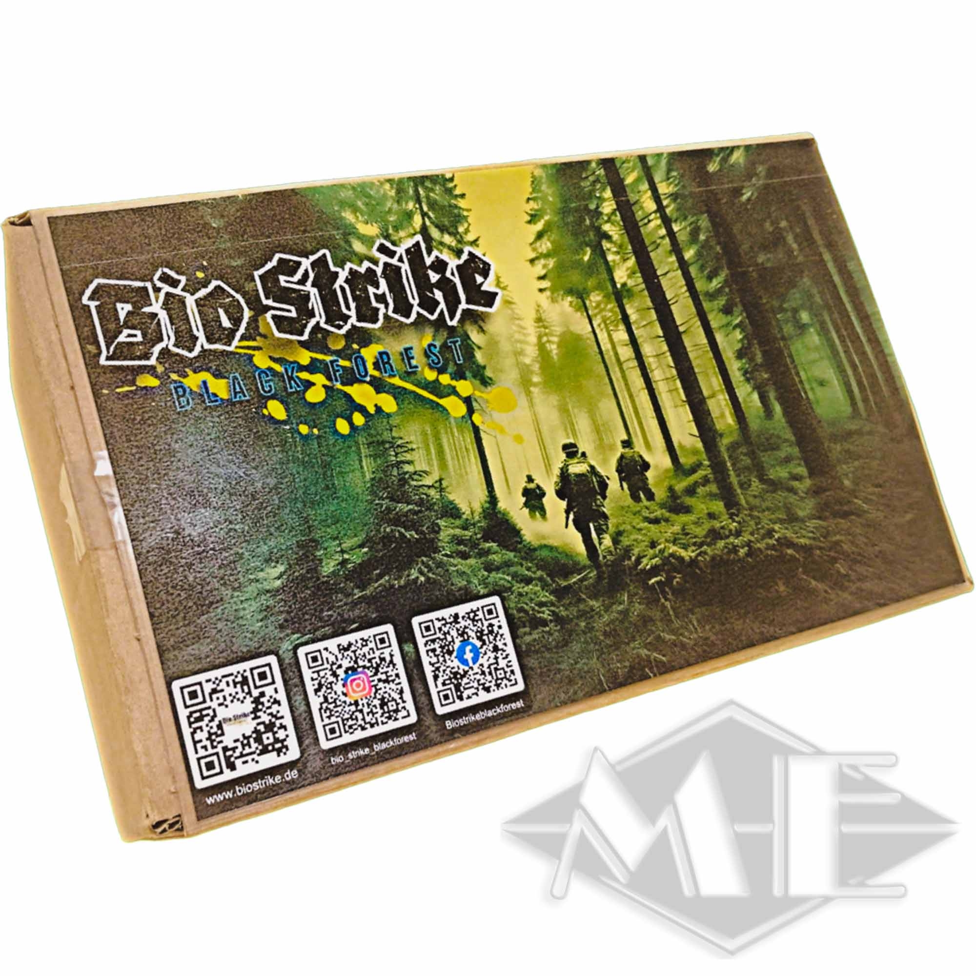 BioStrike Black Forest Testkit 100 Finnen, cal. 68 Brettspiel, Box, Wald, braune Box, Verpackung