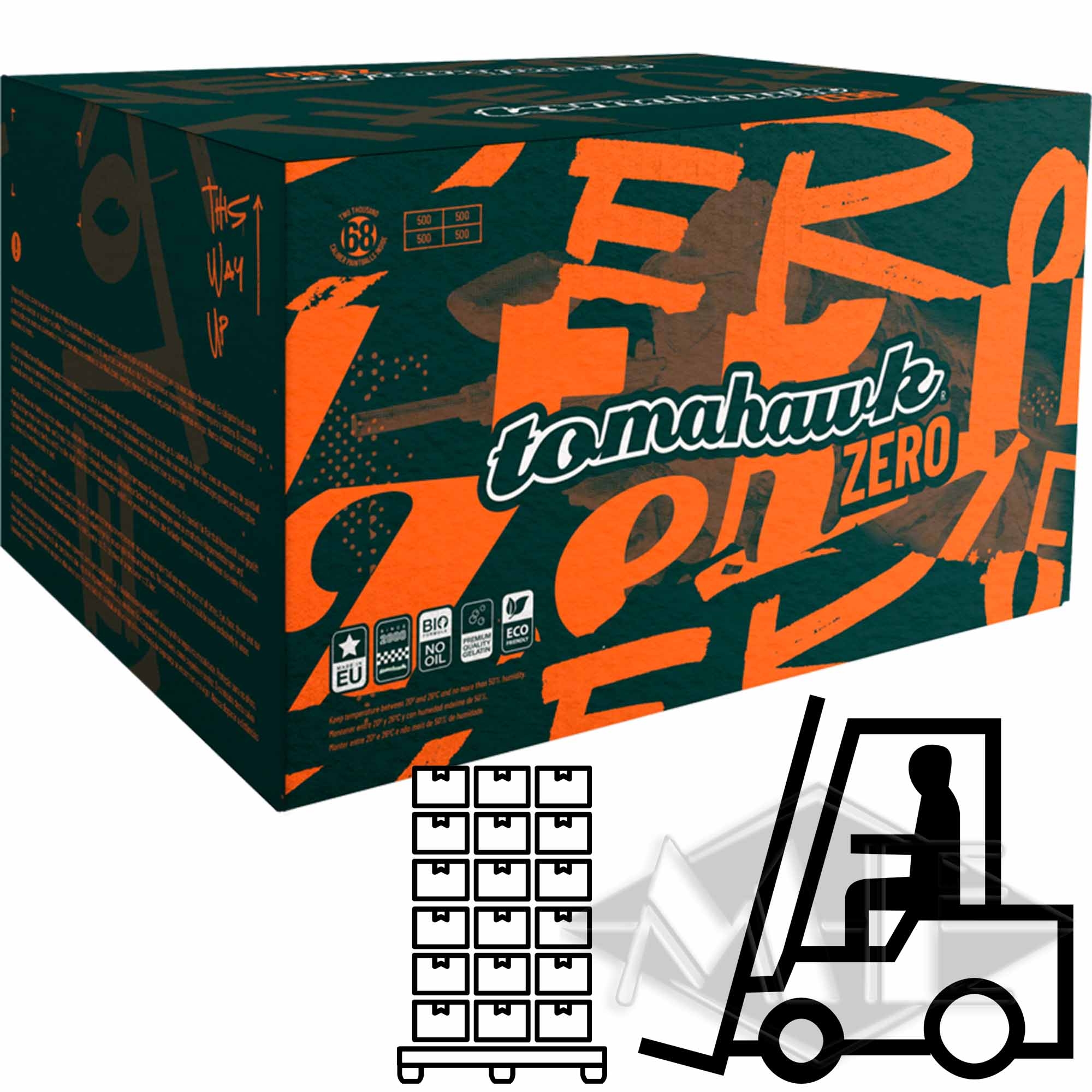 Tomahawk "Zero" paintballs, 130 boxes 1/1 Pallet Boxed beverage, Tomahawk Zero, Orange teal design, Packaging box, Carton label